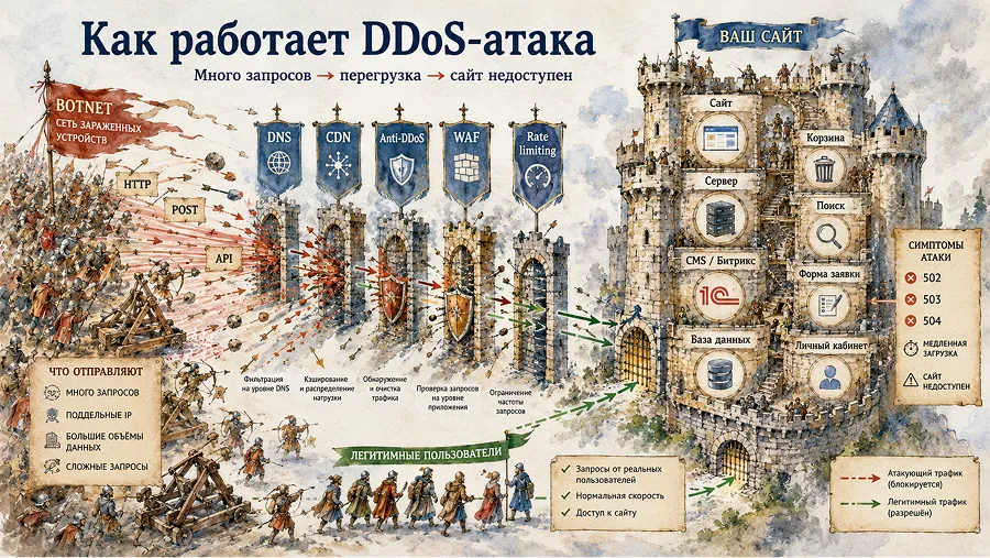 Схема DDoS-атаки на сайт: поток запросов от ботов перегружает сервер